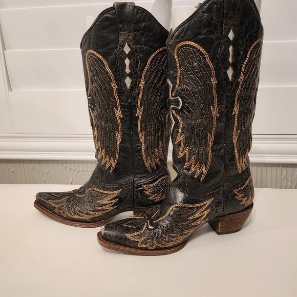 Corral Vintage Cross & Wings Snip Toe Cowboy Boots Women's Sz 7 Black Western - Picture 5 of 8
